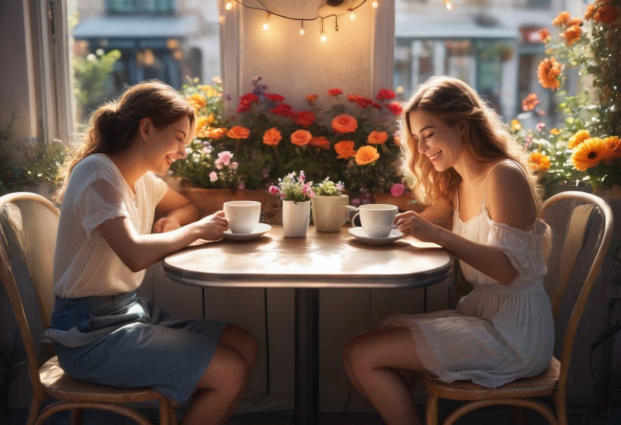 A cozy, sunlit café table with two cups of coffee, intertwined hands of a couple sharing laughter, surrounded by vibrant flowers and soft fairy lights. A warm and inviting atmosphere expressing connection and appreciation in every detail. super-realistic. vibrant colors. warm tones.