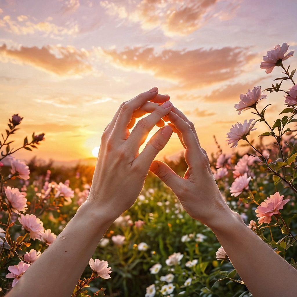 A serene scene of two hands gently intertwining, surrounded by blooming flowers symbolizing love and devotion. In the background, a soft sunset casts warm hues, creating a romantic atmosphere. The image should evoke feelings of tenderness and connection, with subtle hearts floating in the air. light and airy style. vibrant colors. dreamy background.