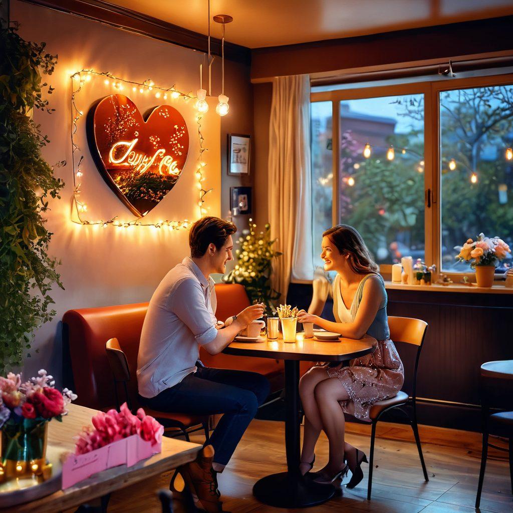 A warm, intimate scene depicting two people joyfully sharing a moment in a cozy café, surrounded by soft glowing lights and delicate floral arrangements, symbolizing deep connections and romance. Include subtle heart motifs in the background and a lush, vibrant color palette to evoke feelings of love and warmth. super-realistic. vibrant colors. soft focus.